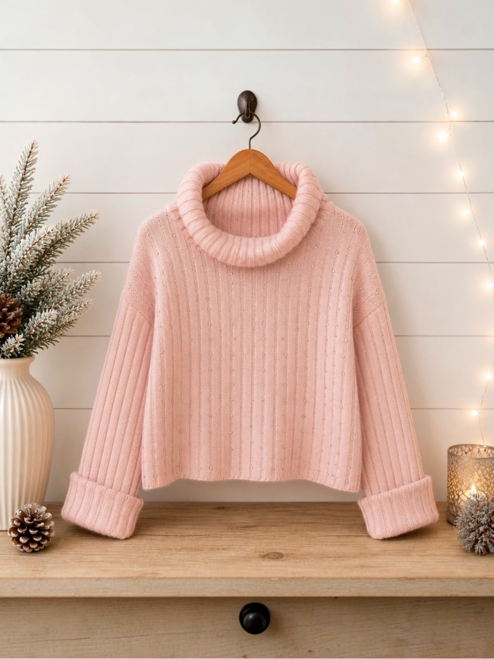 Adyson Parker Oversized Blush Pink Studded Cropped Turtleneck Sweater Size M
